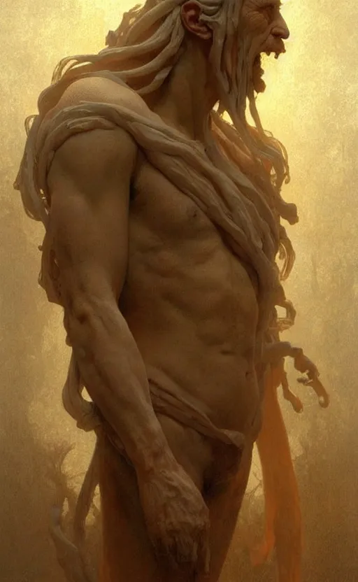 Image similar to an ancient man made of clay, a mythological being that came from the earth, a kabbalistic creation, gigantic, incomprehensible and frightening, trending on artstation, volumetric lighting, atmospheric portrait, highly detailed, art by greg rutkowski and alphonse mucha