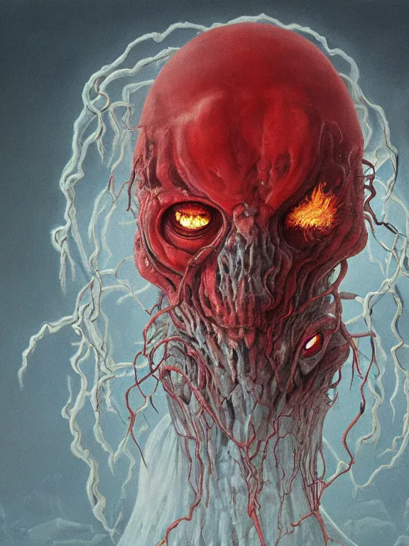 Prompt: wayne barlowe painting of a flying sorrowful looking severed human head, floating head with tears running down it's eyes, face that is chalk white in color, with long white tentacles stemming from it's neck, fiery scorching red eyes, background sprawling terrifying hellish cave with lava flowing through it's walls, 4 k