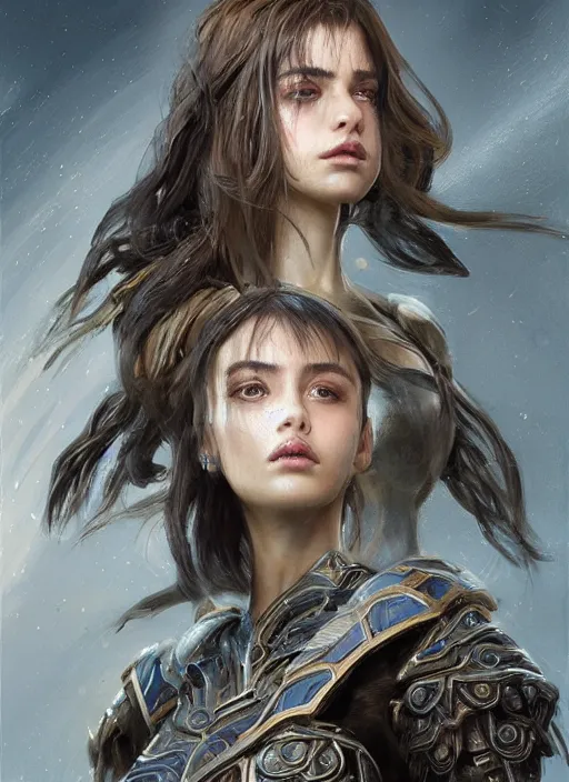 Image similar to a professional portrait of a beautiful young female, clothed in ethereal battle armor, olive skin, long dark hair, beautiful bone structure, symmetrical facial features, intricate, elegant, digital painting, concept art, smooth, sharp focus, finely detailed, illustration, from Valerian and the City of a Thousand Planets, in the style of Ruan Jia and Mandy Jurgens and Artgerm and Greg Rutkowski and William-Adolphe Bouguerea