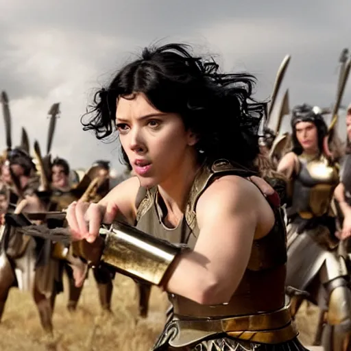 Image similar to black haired scarlett johansson as the greek goddess athena, leading an army in a battle, scene from live action movie