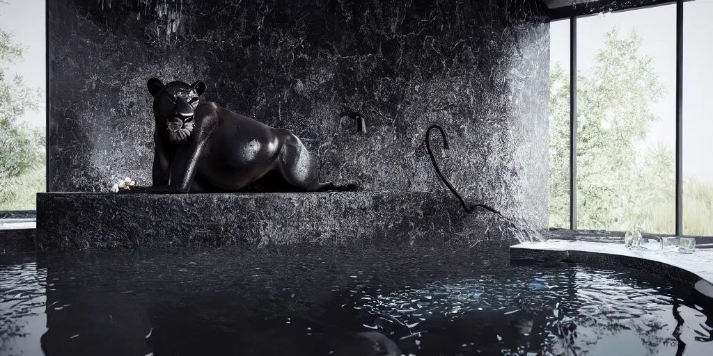 Image similar to the black lioness made of tar, bathing in the bathtub filled with tar, dripping tar, drooling goo, sticky black goo, photography, dslr, reflections, black goo, rim lighting, modern bathroom, hyper realistic, 8 k resolution, unreal engine 5, raytracing