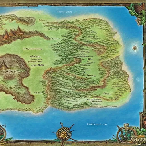 Image similar to detailed map of a fantasy world with different realms