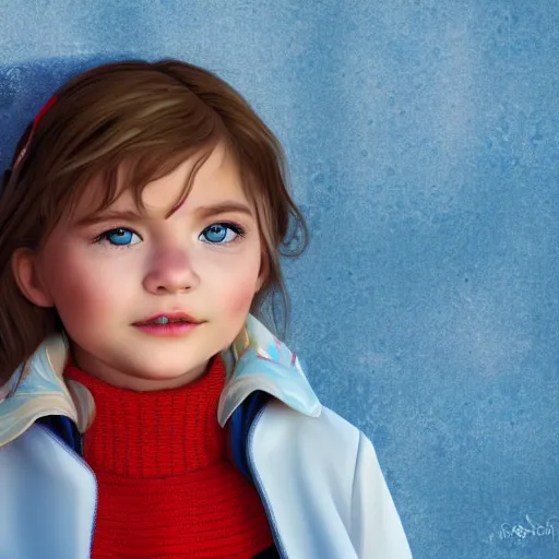 Image similar to a little portuguese girl with white - fair!!!!! skin, dirty blonde hair and blue eyes, wearing a disney land coat and blue jeans, 4 k, 8 k, photorealistic facial features