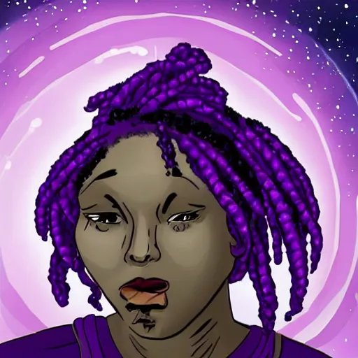 Image similar to black nonbinary person with purple dreads in space
