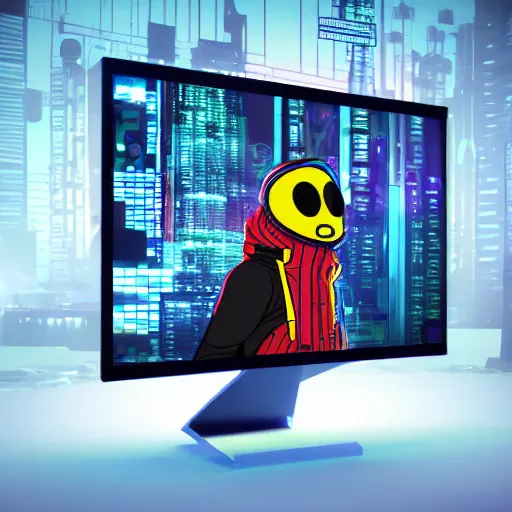 Prompt: Monitor head media concept - 3D illustration of hoodie wearing character with smiling computer display face standing in futuristic cyberpunk city