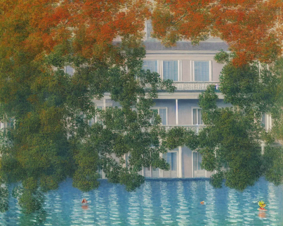 Image similar to achingly beautiful painting of a sophisticated, well - decorated pool house in fall by rene magritte, monet, and turner.