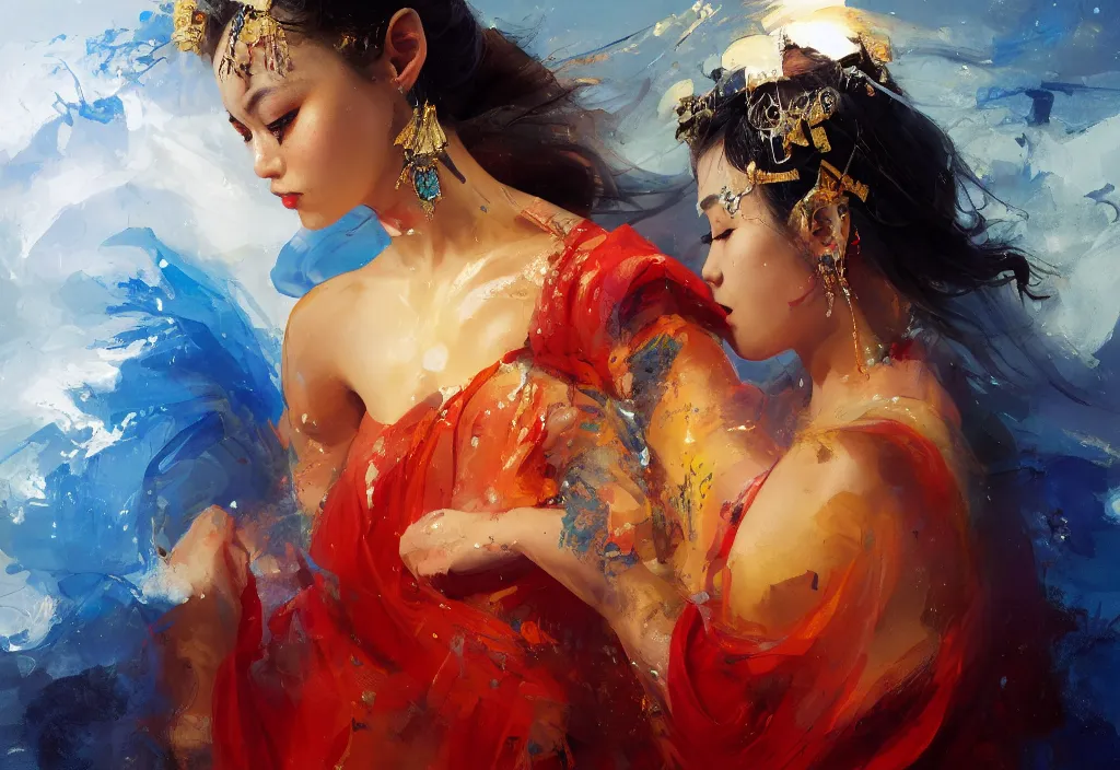 Image similar to full body portrait of a duo of 1 9 years old girl figures, oriental tattoos, jeweled ornament over forehead, subject wearing a used bedsheet, flowing, beautiful, dramatic, theatrical, cinematic lighting, ultramarine, lemon, fire red, few vivid highlights, visible brushstrokes, by greg rutkowski and jeremy mann, artstation, oil on canvas