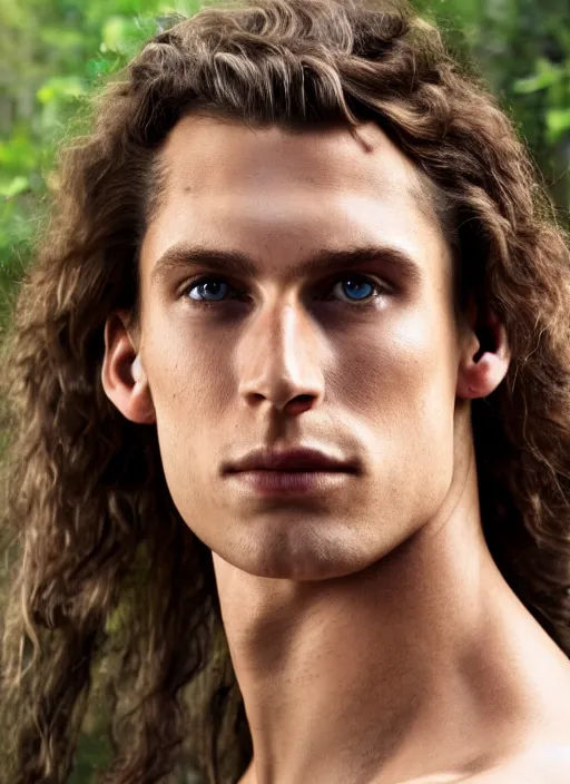 Image similar to a very skinny young Tarzan close-up portrait of young white male, with long dark brown slicked back hair shoulder length