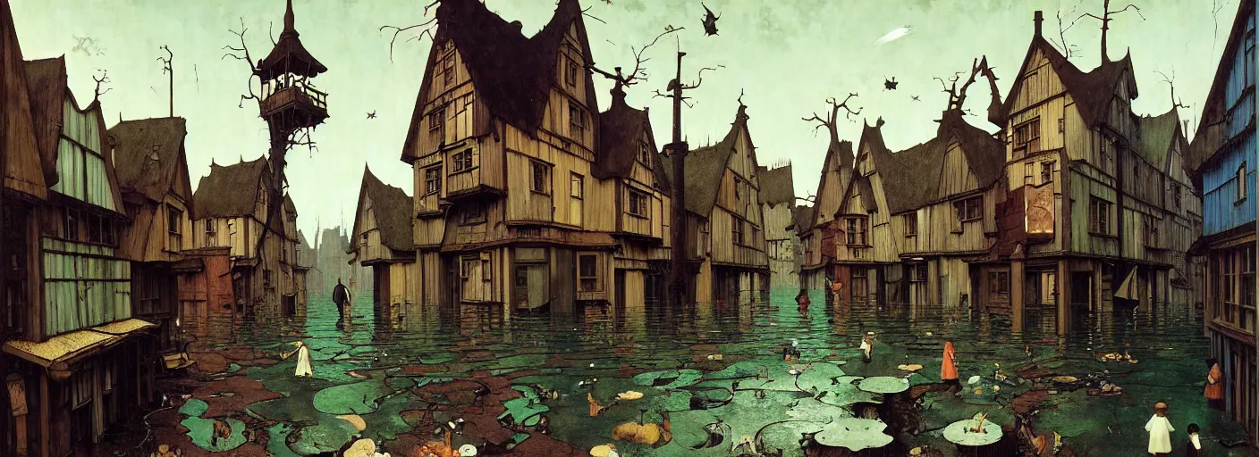 Prompt: flooded old wooden city street, very coherent and colorful high contrast masterpiece by norman rockwell franz sedlacek hieronymus bosch dean ellis simon stalenhag rene magritte gediminas pranckevicius, dark shadows, sunny day, hard lighting, reference sheet white background