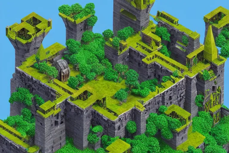 Image similar to 3 d medieval castle in a jungle with towers, 3 d, isometric, indie game