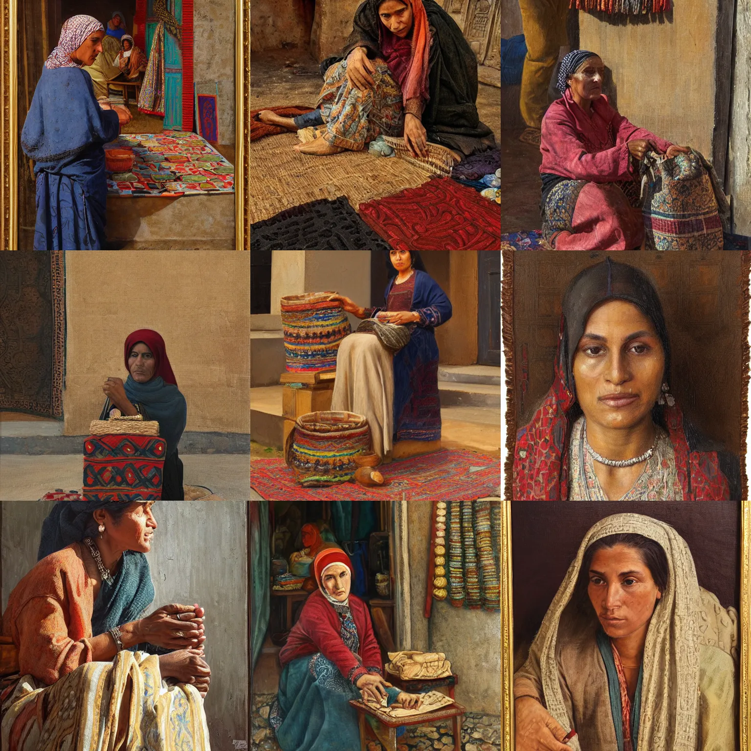 Prompt: portrait of a woman selling carpets by Nasreddine Dinet and Theodore Ralli and Jean Discart and Charles Lenoir, masterful intricate artwork. Oil on canvas, excellent lighting, high detail 8k