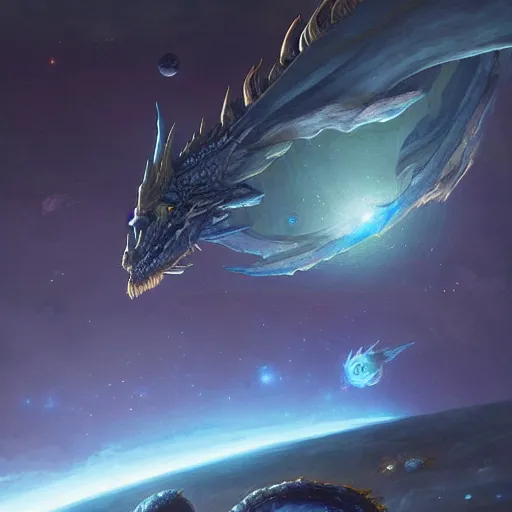 Prompt: Blue scaled dragon devouring an earth like planet in space, sun system, nebula, oil painting, by Fernanda Suarez and Edgar Maxence and Greg Rutkowski