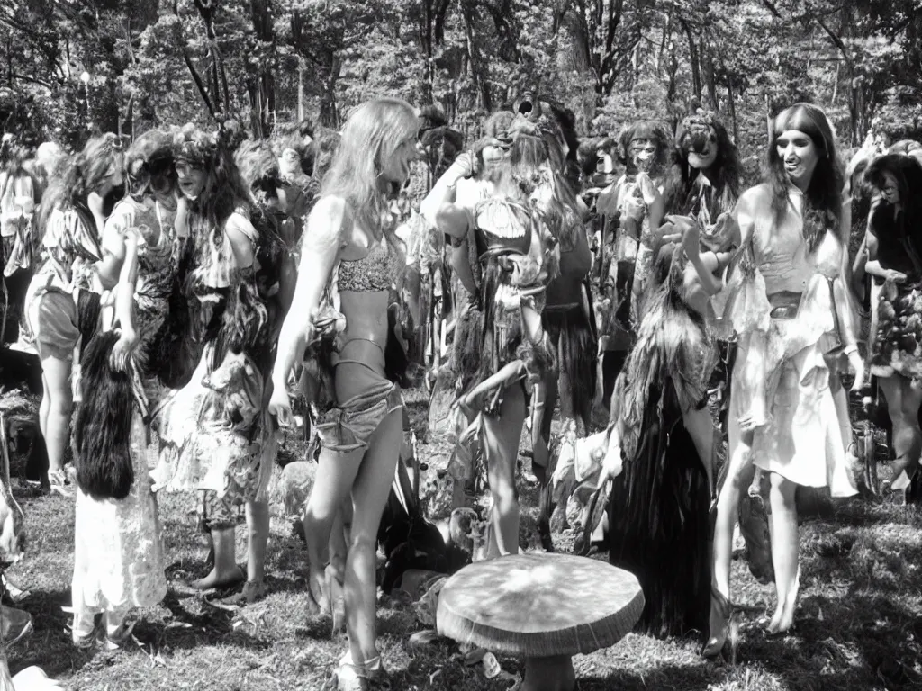 Prompt: 70s photo of beautiful hippy girl at hippy festival talking to a giant mushroom