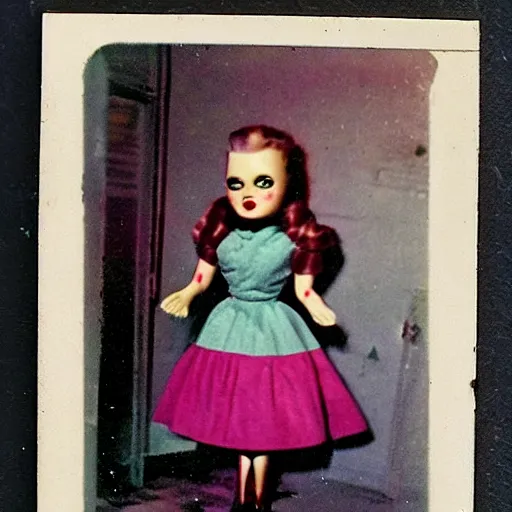 Image similar to 1 9 5 0 s, evil dolls jump scaring, doll phobia, horror, polaroid,