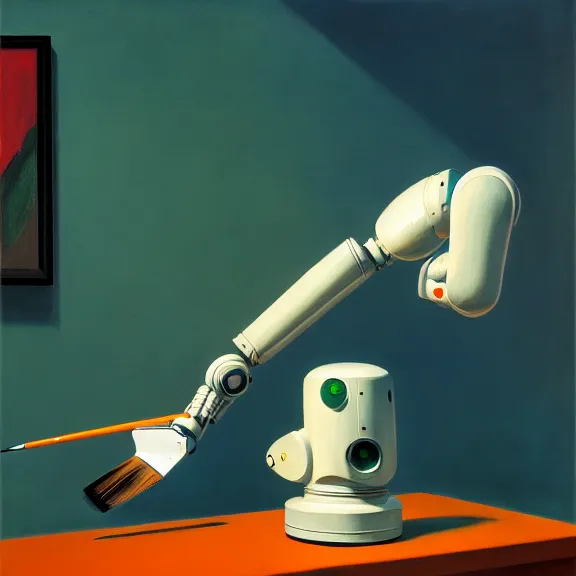 Image similar to beautiful illustration of a robotic arm holding a paintbrush in front of a canvas by Edward Hopper, clean lines, very detailed, colorful octane render