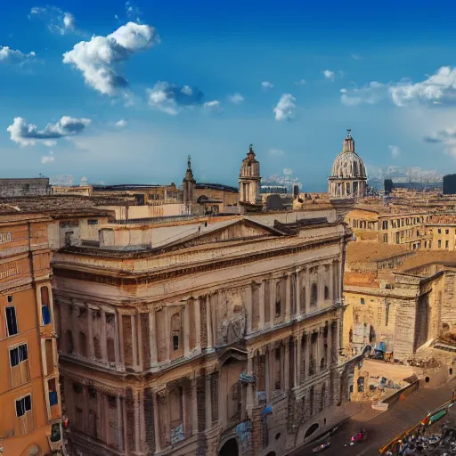 Prompt: realistic photo of a city that resembles rome during the height of the Roman Empire, 8k, wide shot, clear blue sky