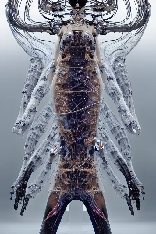 Image similar to background space station, baroque inflateble dress iris van herpen positing on floor, perfect symmetrical, full body shot, white helmet on face, inflateble shapes, wires, tubes, veins, jellyfish, white biomechanical details, wearing epic bionic implants, masterpiece, intricate, biopunk, vogue, highly detailed, artstation, concept art