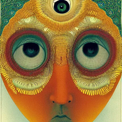 Image similar to a beautiful print a large eye that is looking directly at the viewer. the eye is composed of a myriad of colors and patterns, and it is surrounded by smaller eyes. the smaller eyes appear to be in a state of hypnosis, and they are looking in different directions. by carl spitzweg, by catrin welz - stein rigorous