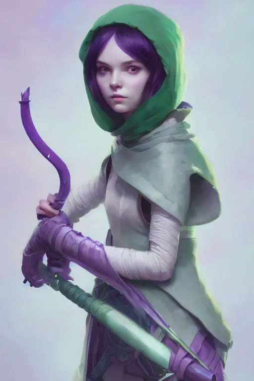 Image similar to portrait of a cute warlock girl with a staff in warlock armor, soft, purple and green, by tom bagshaw and atey ghailan and artgerm and and greg rutkowski, hyper realistic, octane render, trending on artstation