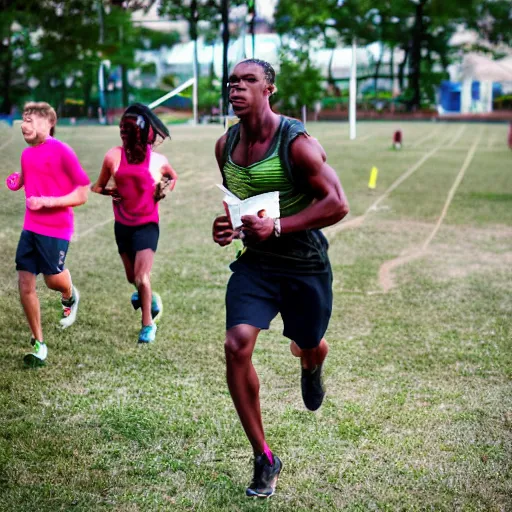 Prompt: photograph of an athletic man holding a bible while running. Bible is in their hands. Zombies in the background. Track and field event. DSLR Photography