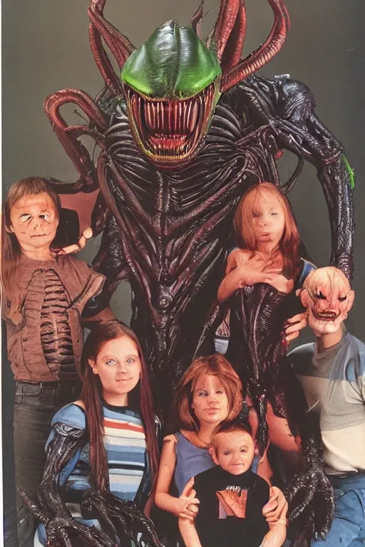 Image similar to alien monster mutant family photo, 1 9 8 0 s, olan mills studio, xenomorph, creepy, scary, nightmare, color