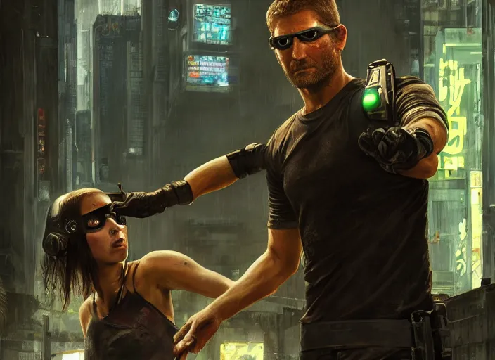 Image similar to cyberpunk sam fisher knocking out a guard ( blade runner 2 0 4 9, dystopian, cyberpunk 2 0 7 7 character design ). orientalist portrait by john william waterhouse and james gurney and theodore ralli and nasreddine dinet, oil on canvas. cinematic, hyper realism, realistic proportions, dramatic lighting, high detail 4 k