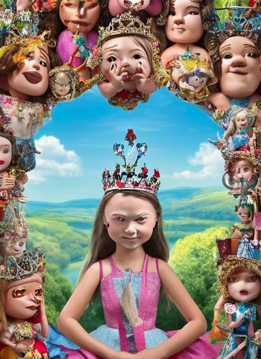 Image similar to closeup face profile portrait of tin toy greta thunberg as a fairytale princess wearing a crown eating cakes, bikini, depth of field, zeiss lens, detailed, symmetrical, centered, fashion photoshoot, by nicoletta ceccoli, mark ryden, lostfish, breathtaking, 8 k resolution, extremely detailed, beautiful, establishing shot, artistic, hyperrealistic, octane render