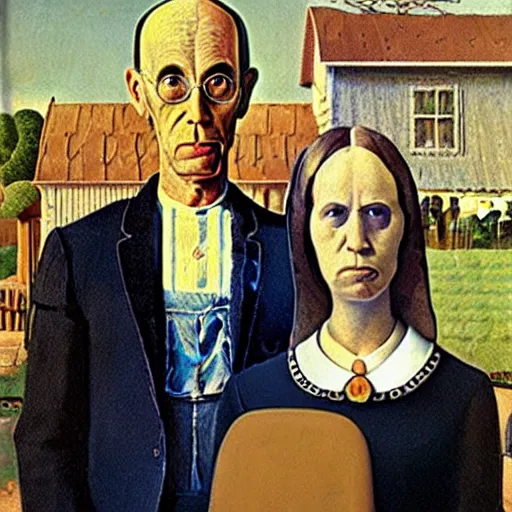 Image similar to “a painting by Grant Wood of an astronaut couple, american gothic style”