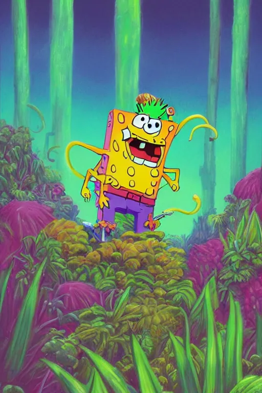 Prompt: concept art painting of demon spongebob, lush, vibrant, plants, leaves, flower, flowers, exotic garden, artgerm, moebius, inio asano, toon shading, cel shading, calm, tranquil, vaporwave colors,