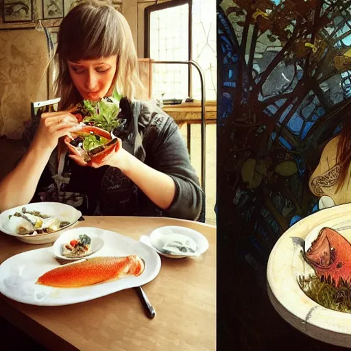 Prompt: journalist in oslo eating a trout, art by artgerm, greg rutkowski and alphonse mucha