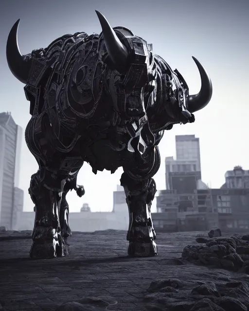 Image similar to a full body shot of an imposing cyborg ( bull ) modeled after a bull looking into the camera, android, cyborg, full body shot, intricate, 3 d, hyper realism, symmetrical, octane render, strong bokeh, fantasy, highly detailed, depth of field, digital art, artstation, concept art, cinematic lighting, trending