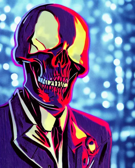 Image similar to dramatic cyberpunk portrait of a skeleton in a suit, colored skull, red green blue color glow, atmospheric haze, intense shading, optic ripple, backlit, bokeh, centered