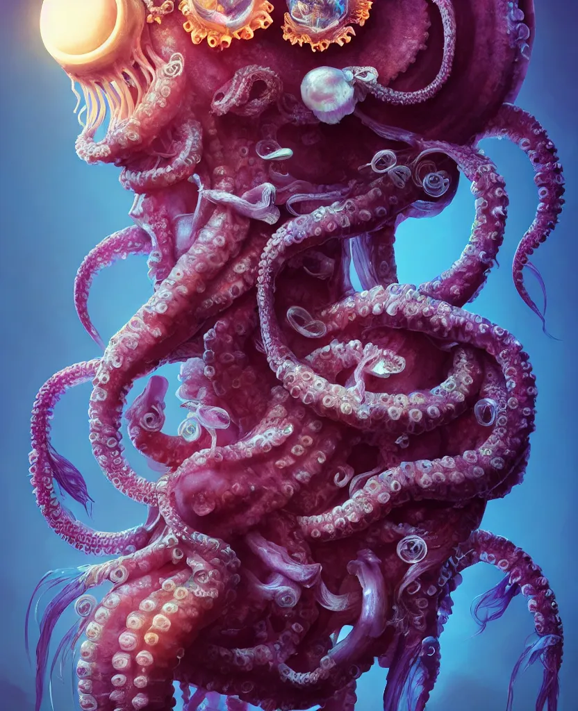 Image similar to goddess close - up portrait human skeleton, ram skull, octopus, jellyfish, orchid, betta fish, bioluminiscent, intricate artwork by tooth wu and wlop and beeple. octane render, trending on artstation, greg rutkowski very coherent symmetrical artwork. cinematic, hyper realism, high detail, octane render, 8 k