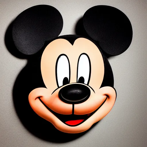 Prompt: studio photography of a psychologically scary Mickey Mouse grinning, backlighting, dark ambient