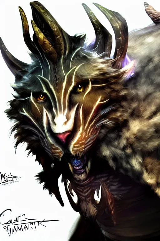 Image similar to Charr elementalist of Guild Wars 2, concept art, close-up, digital art, hyper-realistic, highly detailed