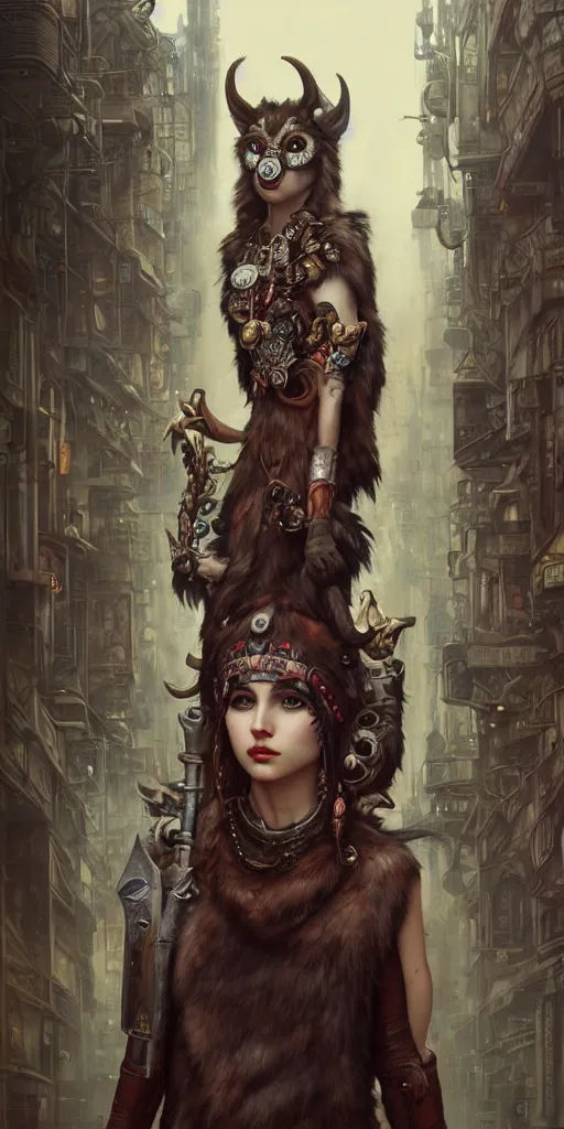 Image similar to hyper realistic Princess Mononoke, ornate mask, wet market street, cyberpunk metropolis, city landscape, jewels, full body pose, wolves, style of tom bagshaw, mucha, james gurney, norman rockwell, denoised, sharp