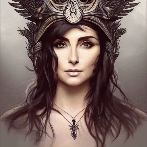 Prompt: an attractive young tattooed north female with piercings wearing an raven feathered helmet, elizabeth taylor, olive skin, long dark hair, beautiful bone structure, intricate, elegant, highly detailed, digital painting, artstation, concept art, smooth, sharp focus, illustration, art by artgerm and greg rutkowski and alphonse mucha