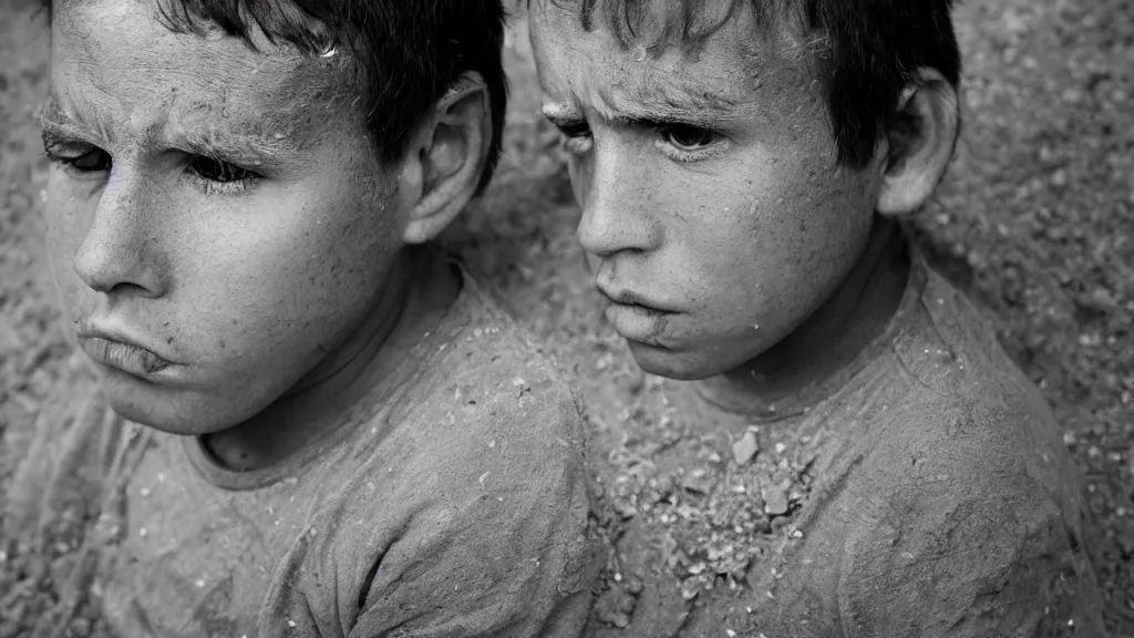 Image similar to sand art intrigued portrait of a sad young dude 3 7 years old