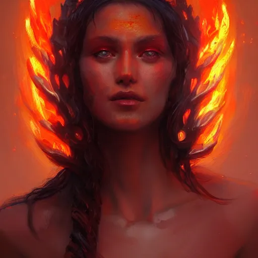 Image similar to a beautiful portrait of a fire goddess, flaming background, a detailed painting by greg rutkowski and raymond swanland, featured on cgsociety, fantasy art, detailed painting, artstation hd, photorealistic
