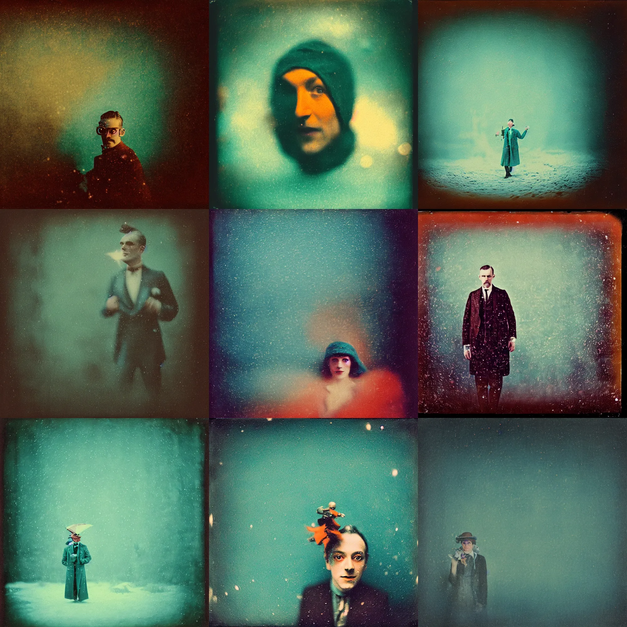 Image similar to kodak portra 4 0 0, wetplate, muted colours, teal orange, 1 9 1 0 s style, motion blur, portrait photo of a backdrop, sparkling, stargazer, snow, fog, by georges melies and by britt marling