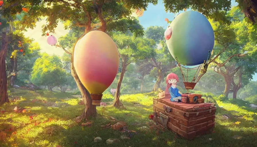 Image similar to a colorful easter egg as hot air balloon, beautiful ancient trees, hiding large treasure chest, serene evening atmosphere, soft lens, soft light, cel - shading, animation, in the style of cgsociety, deviantart, artstation, zbrush, cinema 4 d, studio ghibli, akihiko yoshida, atelier lulua, masamune shirow