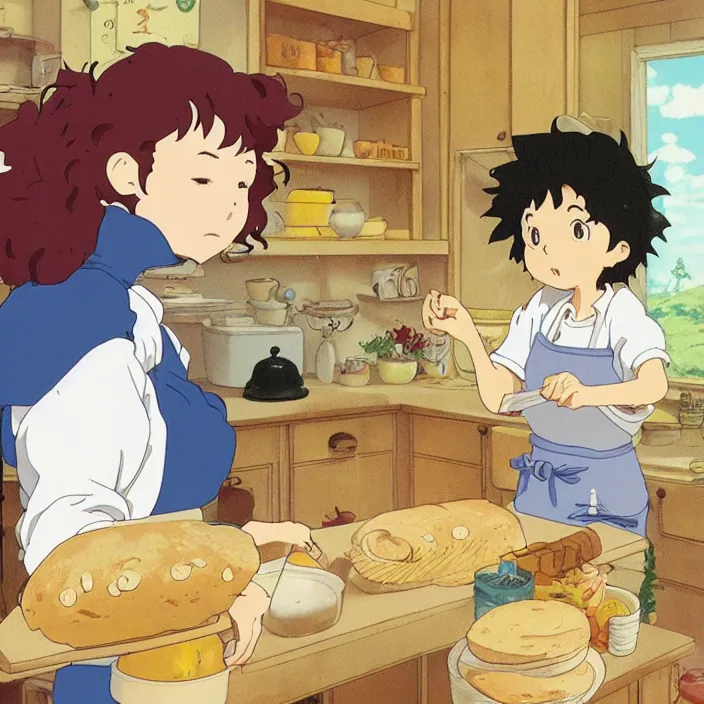 Prompt: woman with curly hair baking bread in a kitchen, studio ghibli, kiki's delivery service, ponyo, makoto shinkai, very coherent asymmetrical artwork, sharp edges, perfect face,