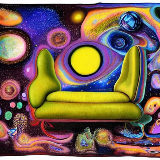 Image similar to psychedelic trippy couch in forest, planets, milky way, sofa, cartoon by salvador dali