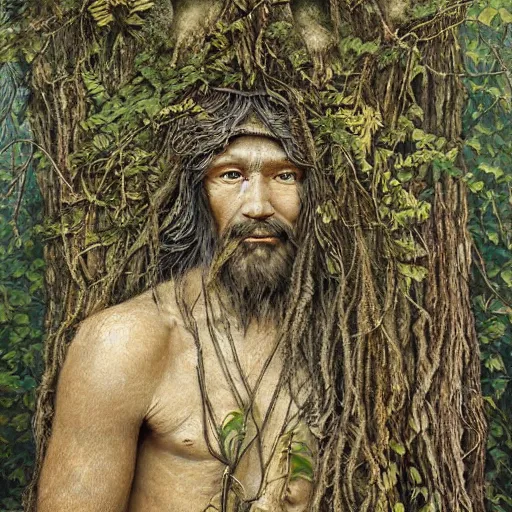 Image similar to A portait of an ancient druid made of bark, he live hidden in the vegetation of a forgotten forest, highly detailed painting, by Daisuke Satake