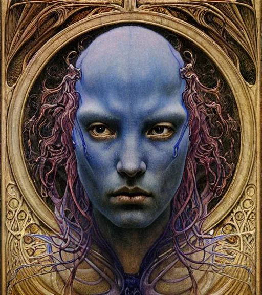Image similar to detailed realistic beautiful young medieval alien robot grimez face portrait by jean delville, gustave dore and marco mazzoni, art nouveau, symbolist, visionary, gothic, pre - raphaelite. horizontal symmetry by zdzisław beksinski, iris van herpen, raymond swanland and alphonse mucha. highly detailed, hyper - real, beautiful, fractal baroque