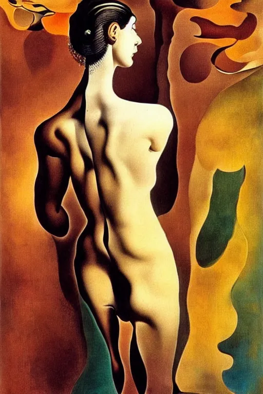 Image similar to beautiful woman by salvador dali, intricated details, 3 / 4 back view, hair styled in a bun, bendover posture, full body portrait, bright design, drips, autumn lights