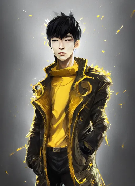 Image similar to a highly detailed illustration of young attractive japanese guy wearing black detective coat, yellow eyes, dramatic standing pose, hyperdetailed perfect face, perfect eyes, intricate, elegant, highly detailed, centered, digital painting, artstation, concept art, smooth, sharp focus, league of legends concept art, wlop.