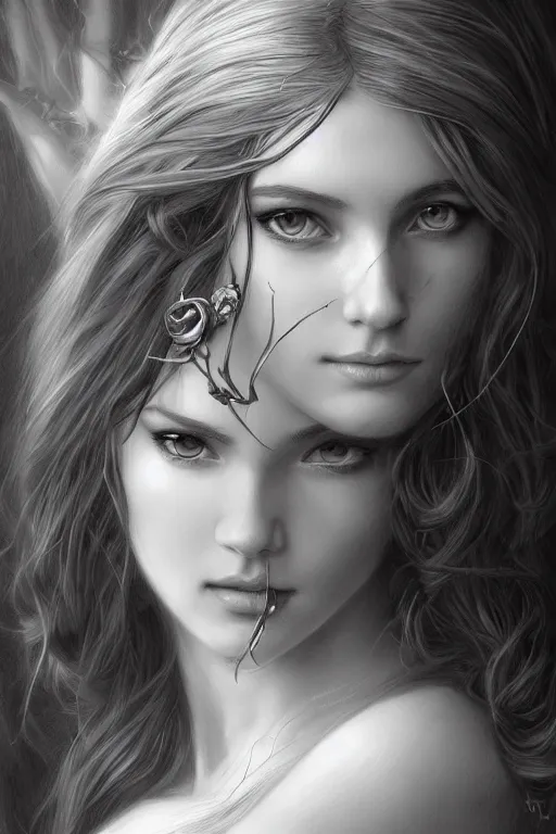 Image similar to beautiful young aphrodite goddess, archer, realistic face, beautiful eyes, black and white drawing, in the style of greg rutkowski, fantasy, amazing detail, hyperrealistic, hyperdetailed, high resolution, epic, intricate, elegant, style of laura sava, smooth, sharp focus