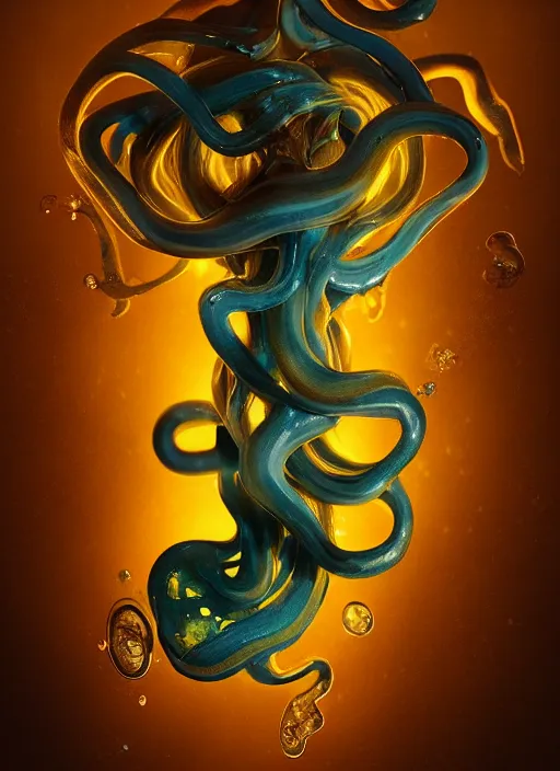 Image similar to subsurface scattering, medusa made of soft wax, cgsociety, translucent, organic squid and ceramic art nouveau swirls, golden orbs, colored smoke, in the style of alberto seveso and ruan jia and beeple and giger, mystical colors, back light, rim light, dramatic lighting, 8 k, stunning scene, raytracing, octane render