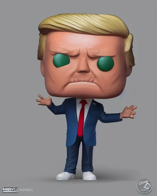 Image similar to funko pop full body 3d render of donald trump as a funko pop, studio lighting, white background, blender, trending on artstation, 8k, highly detailed